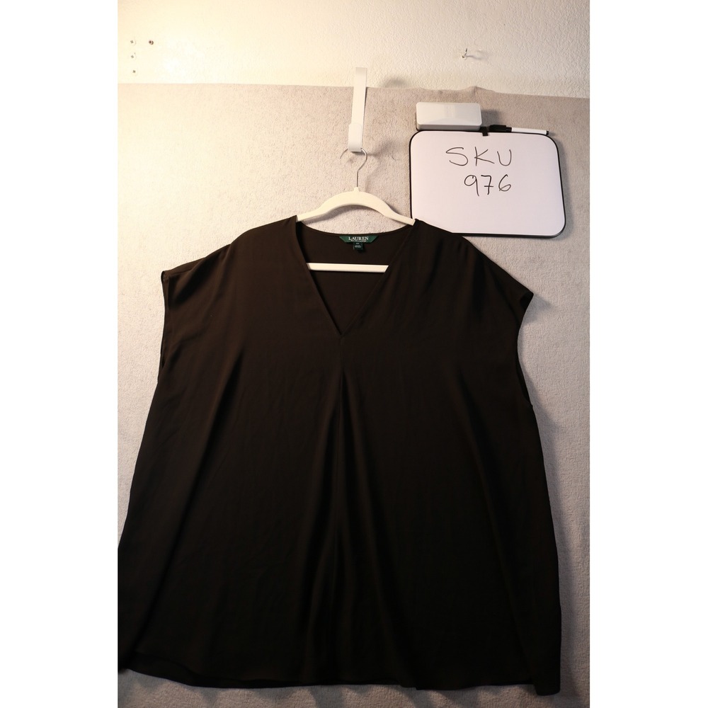Lauren Ralph Lauren Top Womens 2X Black V-Neck Cap Sleeve Pleated Blouse SKU 976